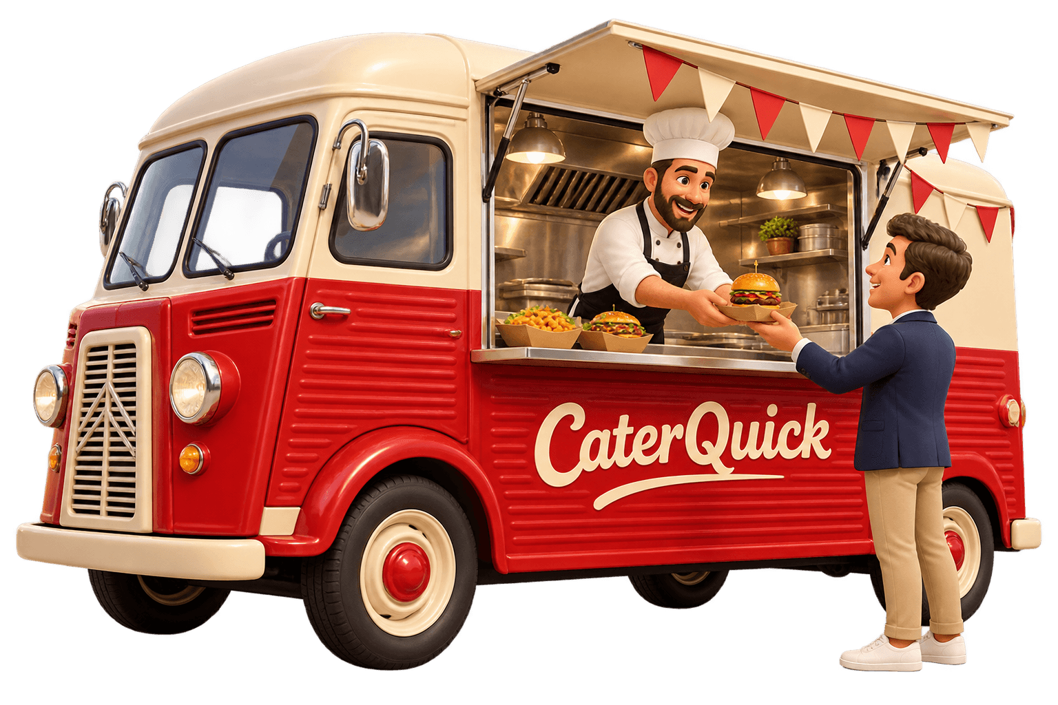 Illustration: a red and cream CaterQuick food truck, the chef handing a burger to a guest
