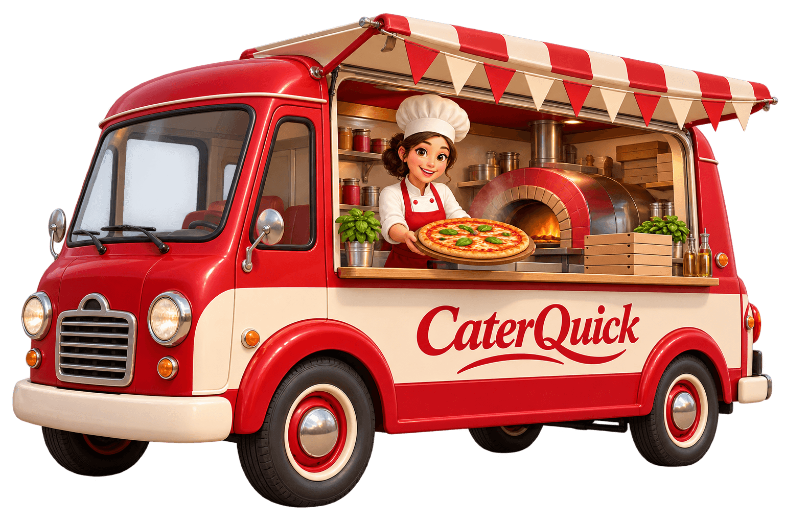Illustration: a red and cream CaterQuick pizza truck with a wood-fired oven, the chef holding out a pizza